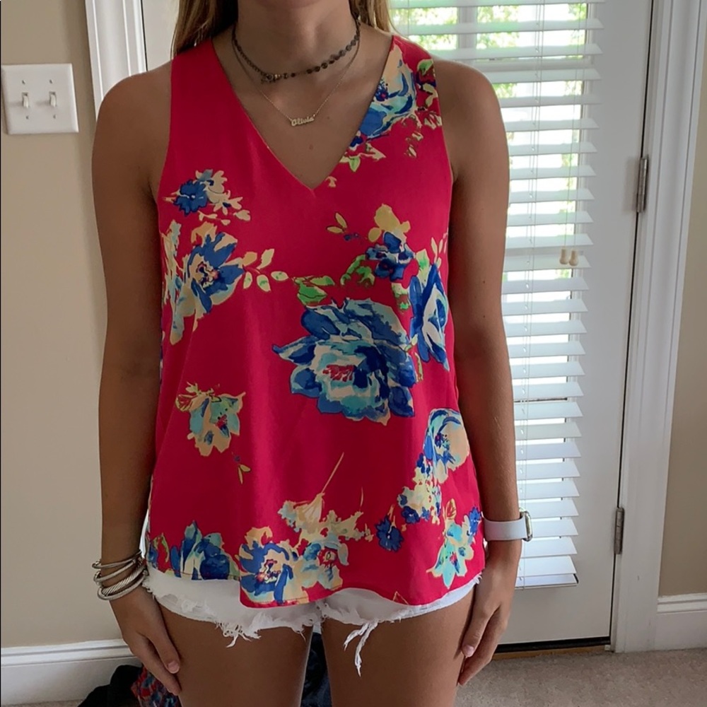 Hot pink floral v neck tank